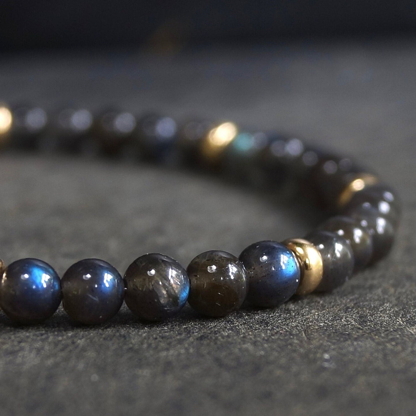 14K: Labradorite Mens Bracelet | 4mm | Charcoal Gray | Fine Jewelry