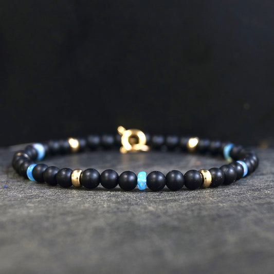 14K: Matte Black Onyx Mens Bracelet | 4mm | Blue Opal | Fine Jewelry