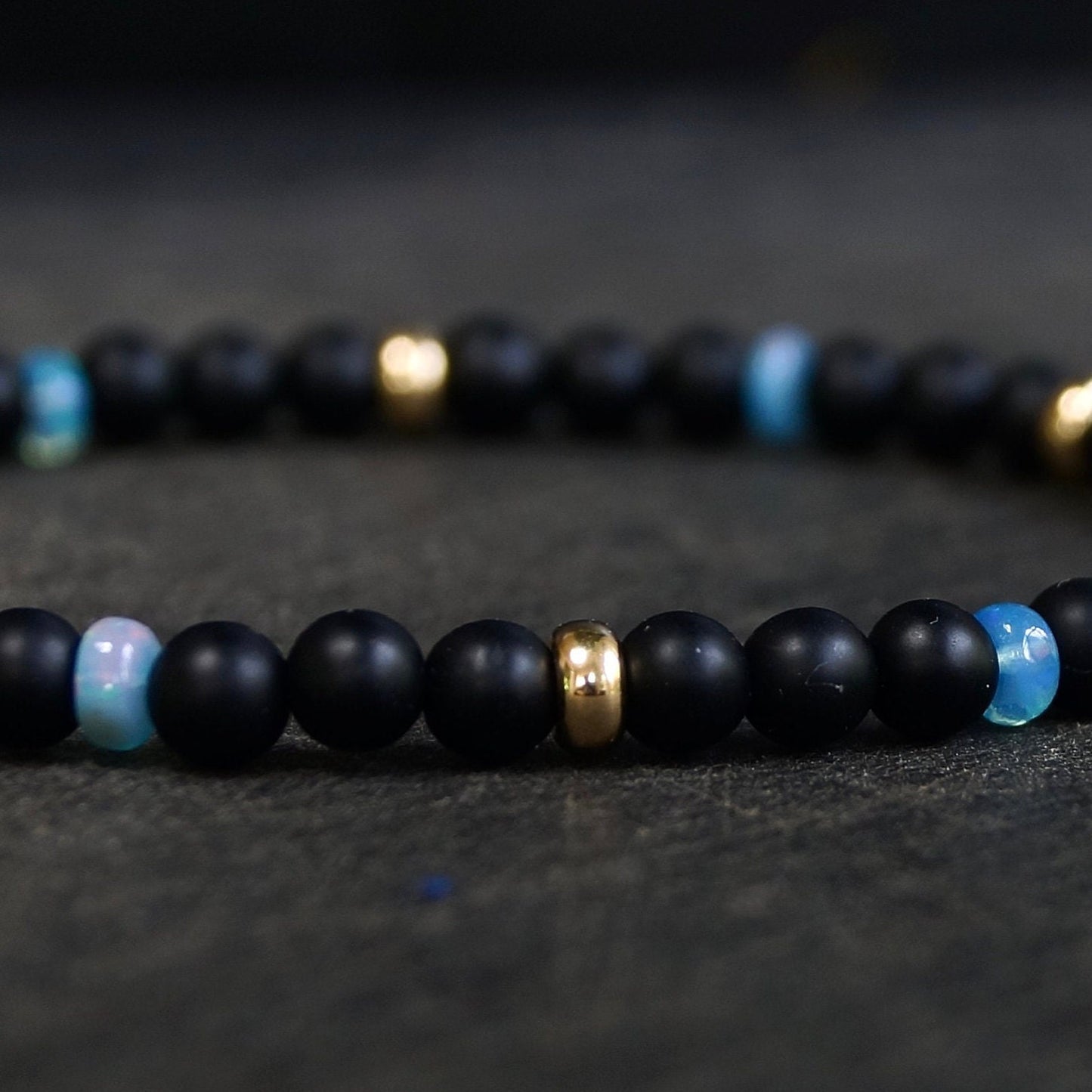 14K: Matte Black Onyx Mens Bracelet | 4mm | Blue Opal | Fine Jewelry