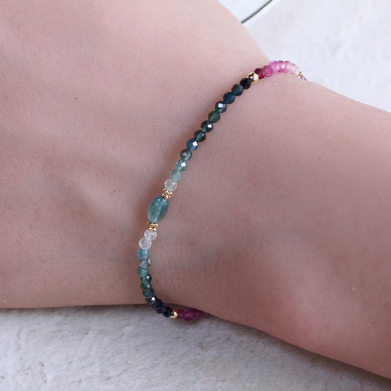 14K Solid Gold: Teal Tourmaline Bead Bracelet, Shaded Pink Blue, Stacking Gemstone Bracelet, Fine Jewelry, Ombre, Chakra, Fine Jewelry