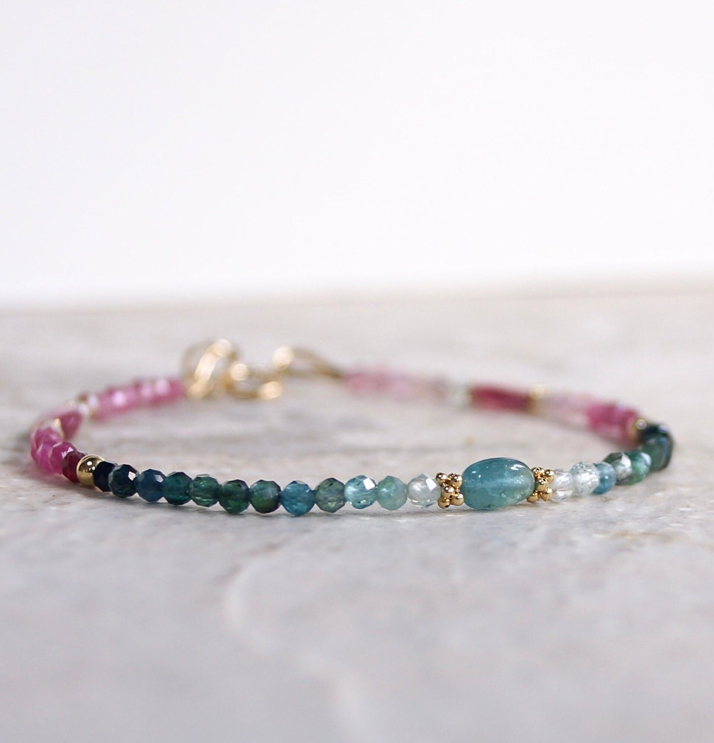 14K Solid Gold: Teal Tourmaline Bead Bracelet, Shaded Pink Blue, Stacking Gemstone Bracelet, Fine Jewelry, Ombre, Chakra, Fine Jewelry