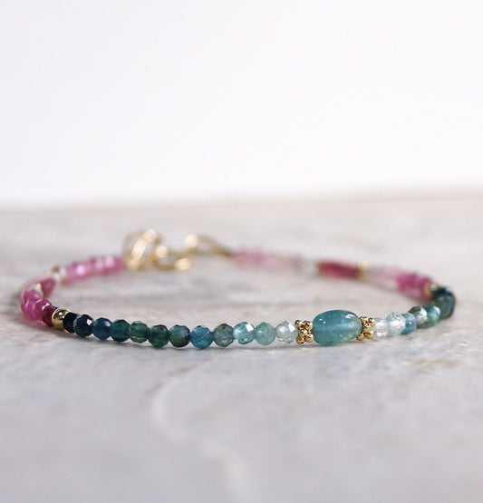 14K Solid Gold: Teal Tourmaline Bead Bracelet, Shaded Pink Blue, Stacking Gemstone Bracelet, Fine Jewelry, Ombre, Chakra, Fine Jewelry