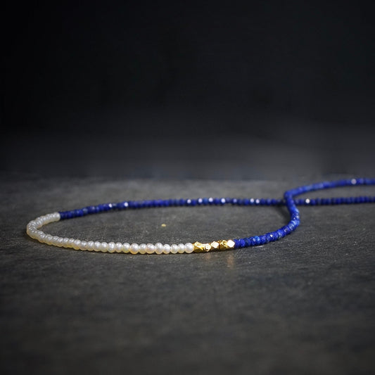 14K Solid Gold: Lapis Lazuli and Pearl Beaded Necklace, Simple Layered Necklace, Dainty Very Thin Gemstone Necklace, 2mm, Fine Jewelry