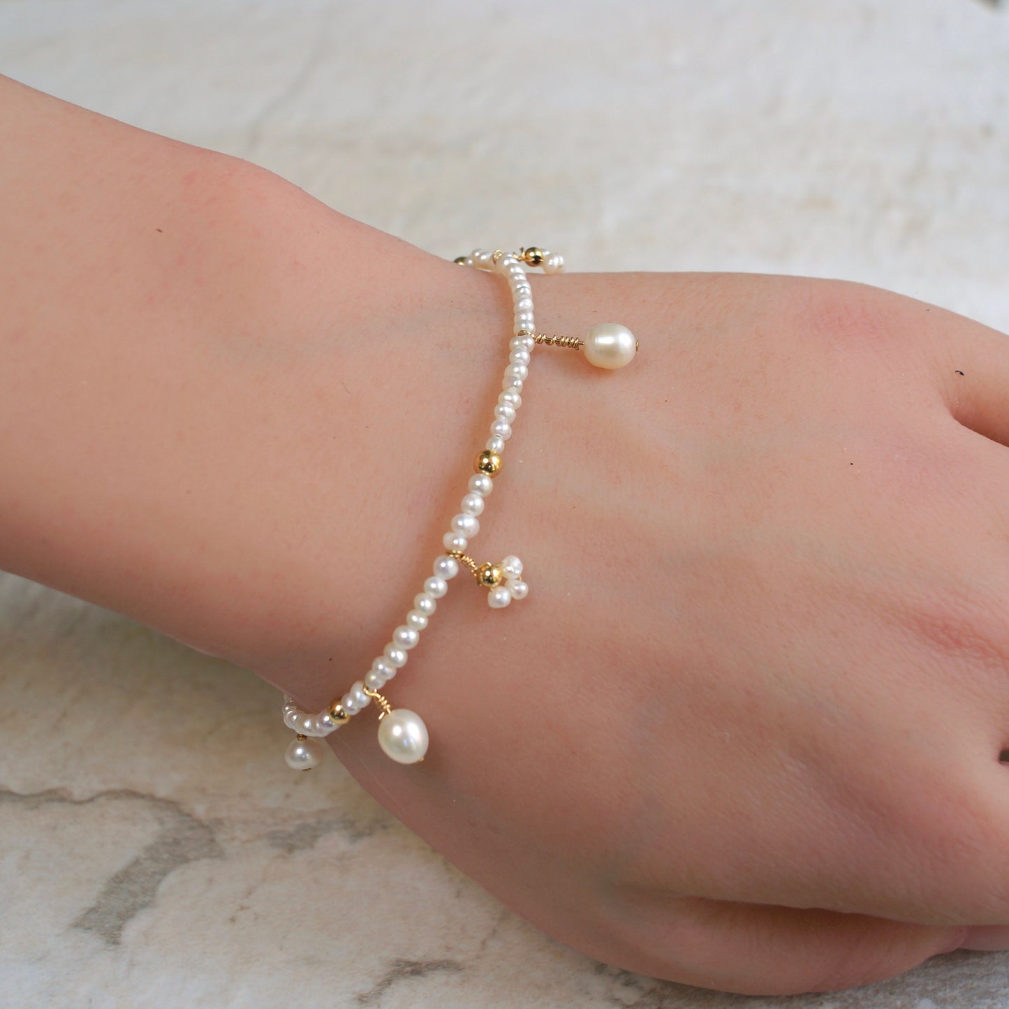 14K Solid Gold: Natural Pearl Bracelet| Cluster Pearl| 2.5mm| Bridal Jewelry| Fine Jewelry