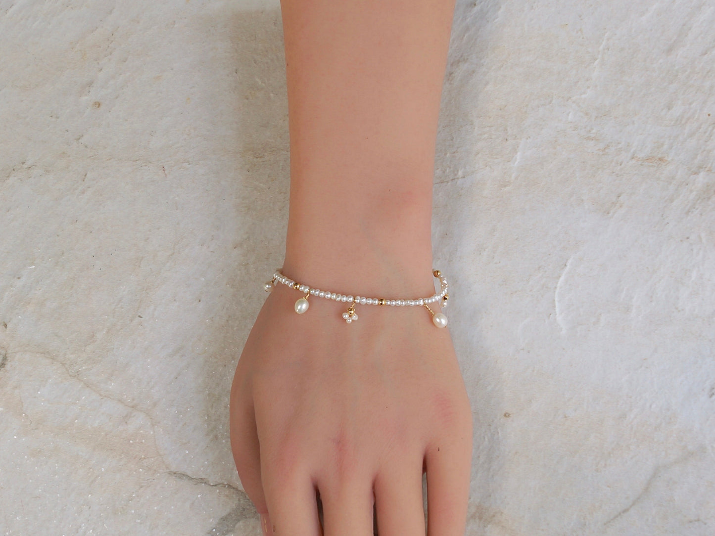 14K Solid Gold: Natural Pearl Bracelet| Cluster Pearl| 2.5mm| Bridal Jewelry| Fine Jewelry