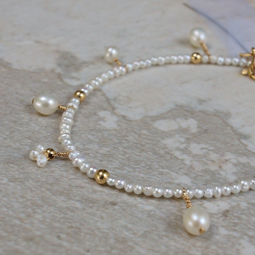 14K Solid Gold: Natural Pearl Bracelet| Cluster Pearl| 2.5mm| Bridal Jewelry| Fine Jewelry