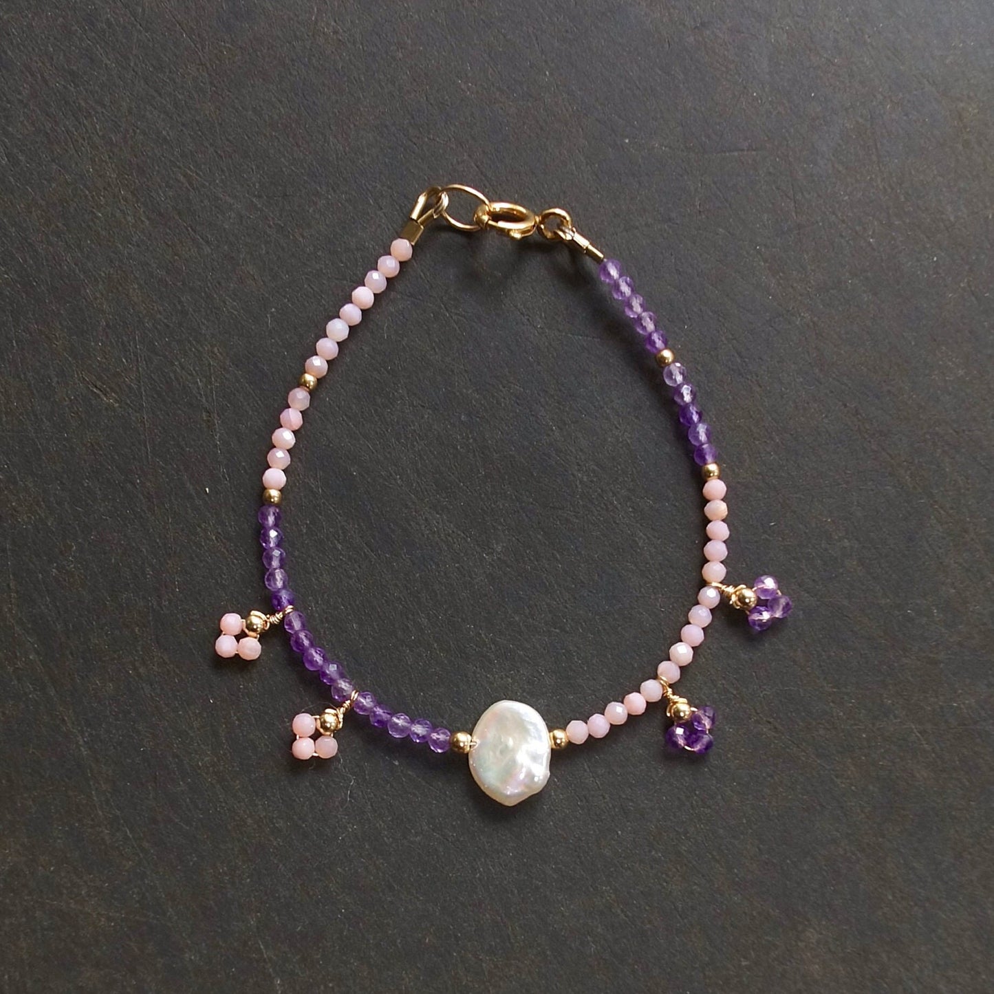 14K Solid Gold: Pink Opal Bracelet| Amethyst Bracelet| 2.5mm|  Fine Jewelry