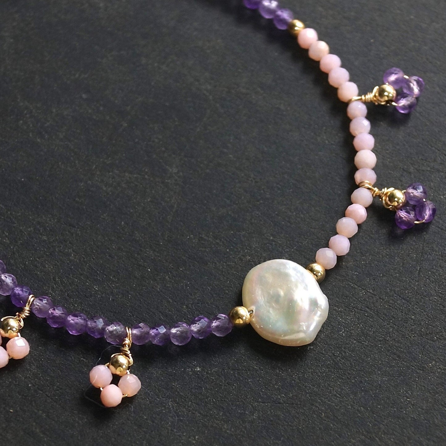 14K Solid Gold: Pink Opal Bracelet| Amethyst Bracelet| 2.5mm|  Fine Jewelry