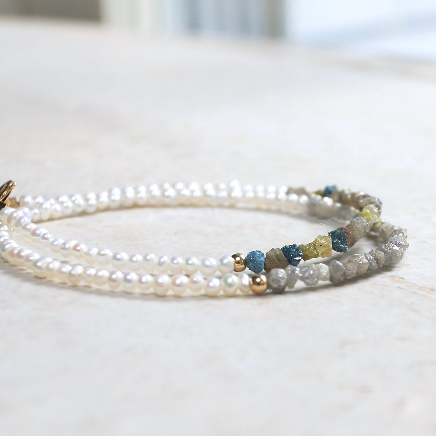 14K Solid Gold: Raw Diamond Bracelet | Rough Diamond| Natural Pearl Bracelet | Natural Diamond | Salt & Pepper | Gray Blue Brown