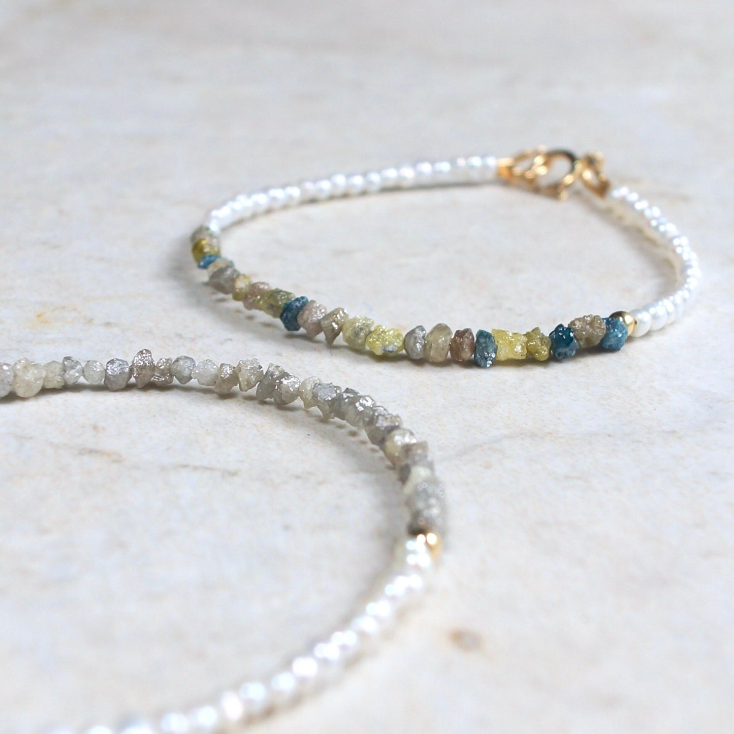 14K Solid Gold: Raw Diamond Bracelet | Rough Diamond| Natural Pearl Bracelet | Natural Diamond | Salt & Pepper | Gray Blue Brown