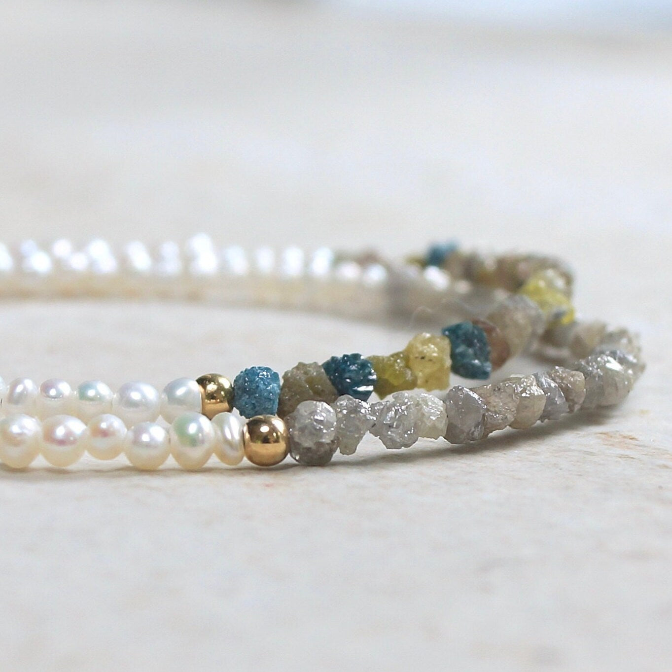 14K Solid Gold: Raw Diamond Bracelet | Rough Diamond| Natural Pearl Bracelet | Natural Diamond | Salt & Pepper | Gray Blue Brown