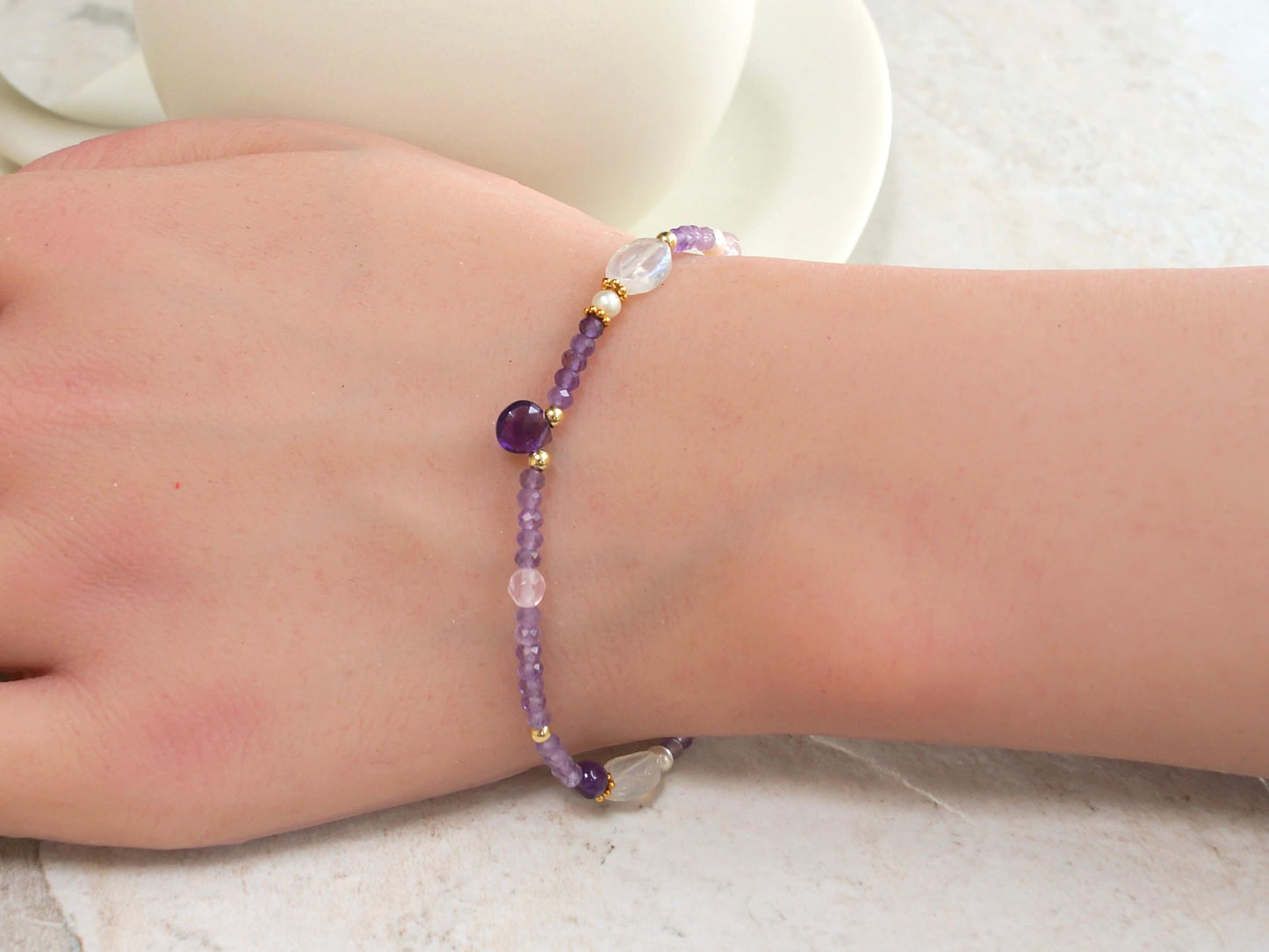 14K: Amethyst Bracelet | 2.5mm | Pastel purple & Pink | Spiritual Bracelet | Boho| Delicate  | Fine Jewelry | Anniversary