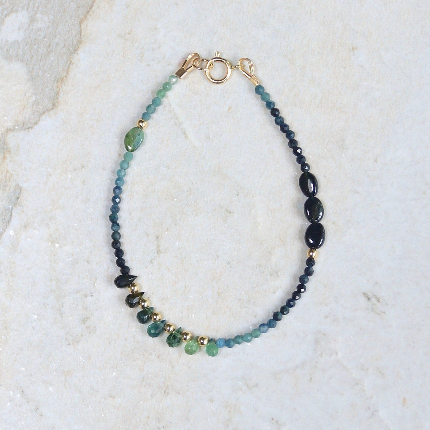 14K Solid Gold: Tourmaline Bracelet | 2.5mm | Ombre | Teal Blue | Pink Green | Ocher