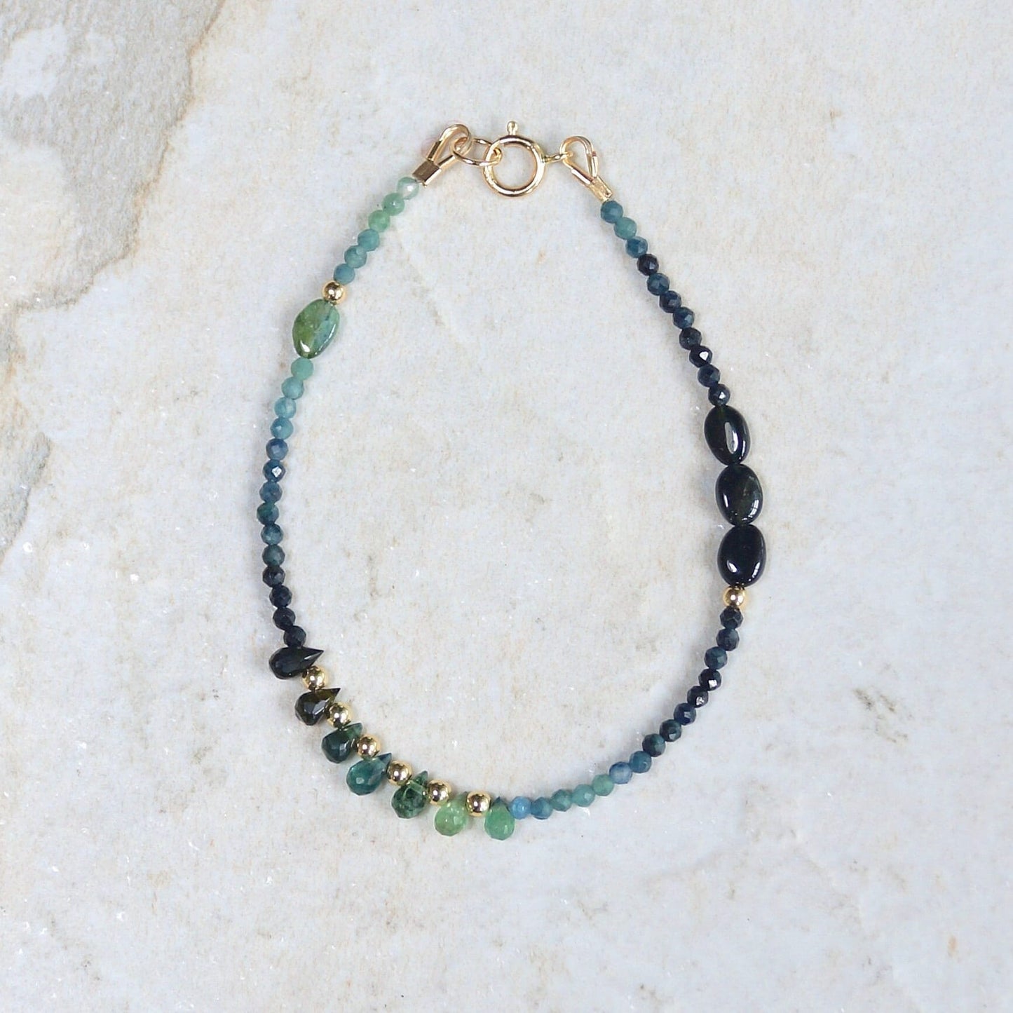 14K Solid Gold: Blue Tourmaline Bracelet | 2mm | 6.5" | Ombre | Teal Blue