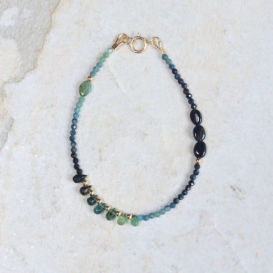 14K Solid Gold: Blue Tourmaline Bracelet | 2mm | 6.5" | Ombre | Teal Blue