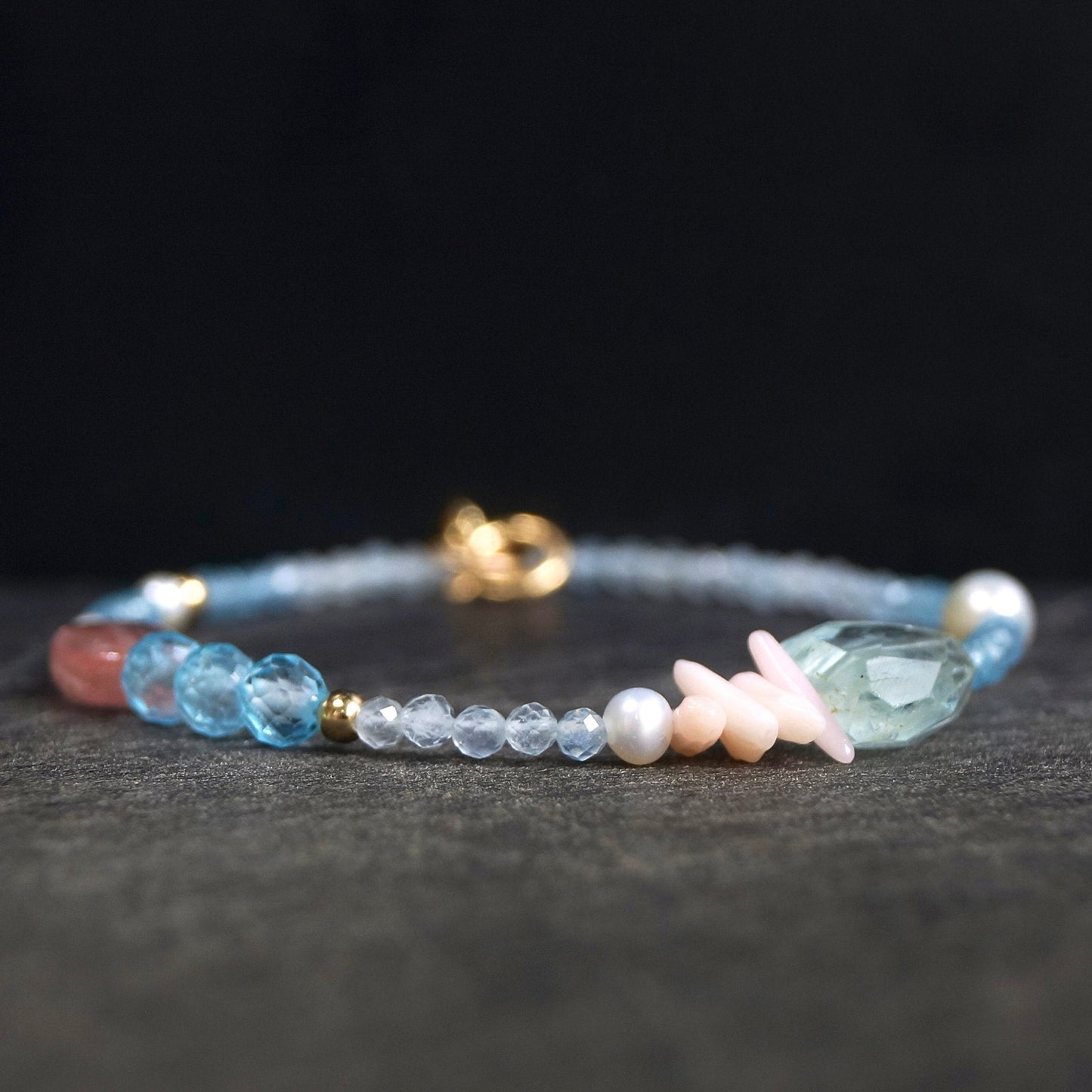 14K Solid Gold: Aquamarine Bracelet| Light Blue and Pink| Blue Topaz| March Birthstone