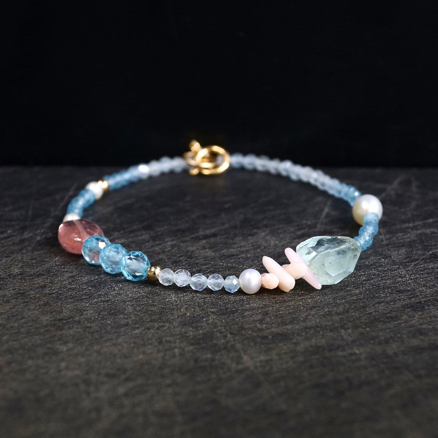 14K Solid Gold: Aquamarine Bracelet| Light Blue and Pink| Blue Topaz| March Birthstone