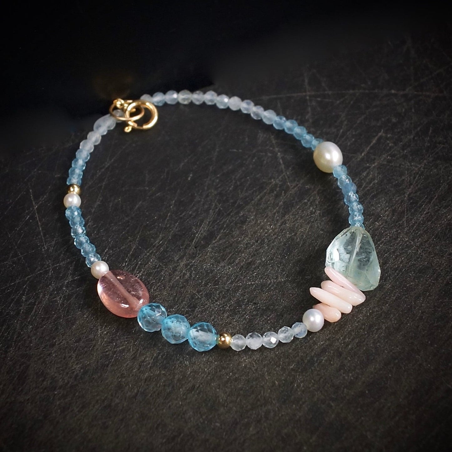 14K Solid Gold: Aquamarine Bracelet| Light Blue and Pink| Blue Topaz| March Birthstone