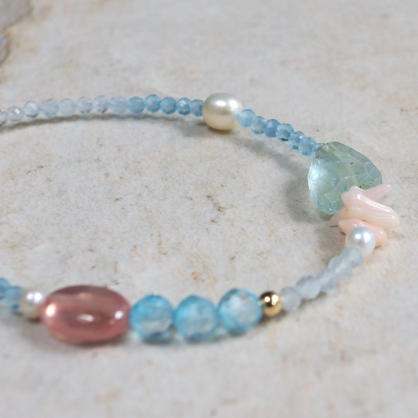 14K Solid Gold: Aquamarine Bracelet| Light Blue and Pink| Blue Topaz| March Birthstone