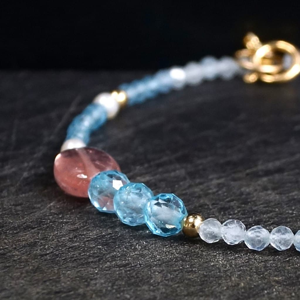 14K Solid Gold: Aquamarine Bracelet| Light Blue and Pink| Blue Topaz| March Birthstone