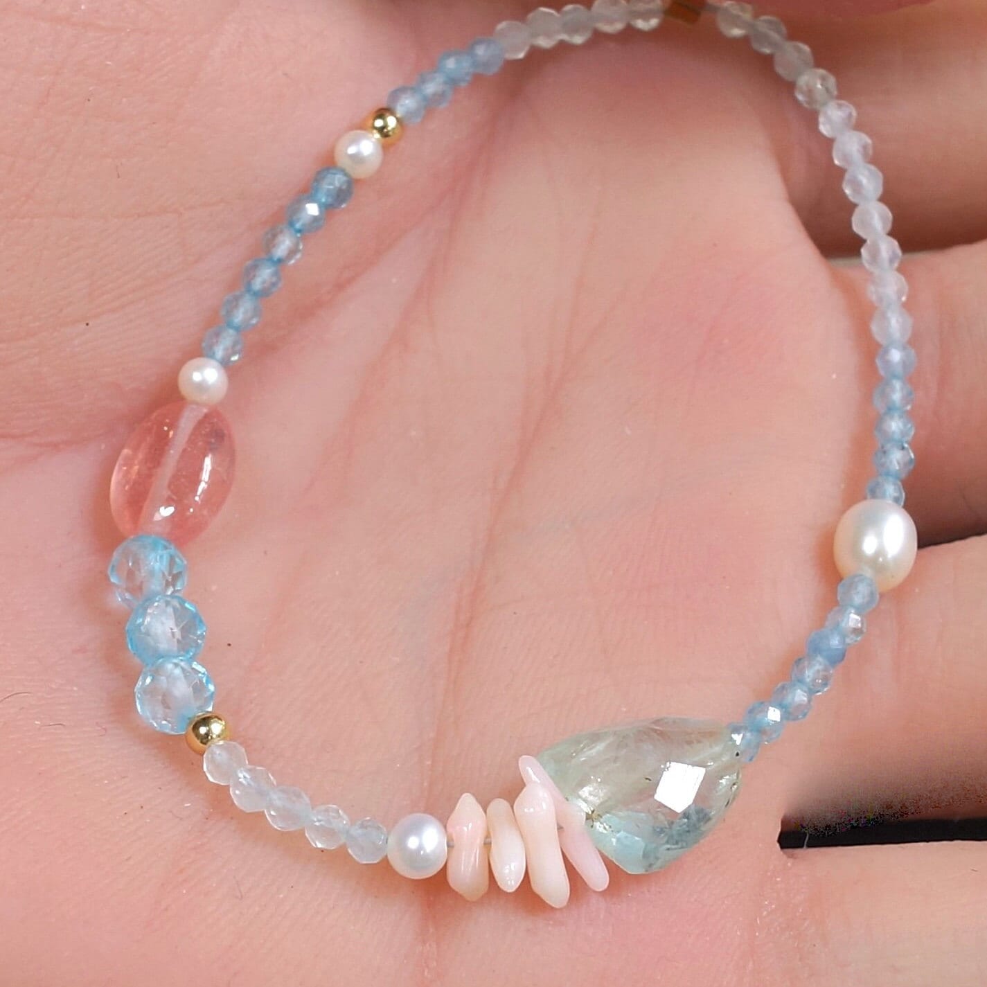 14K Solid Gold: Aquamarine Bracelet| Light Blue and Pink| Blue Topaz| March Birthstone