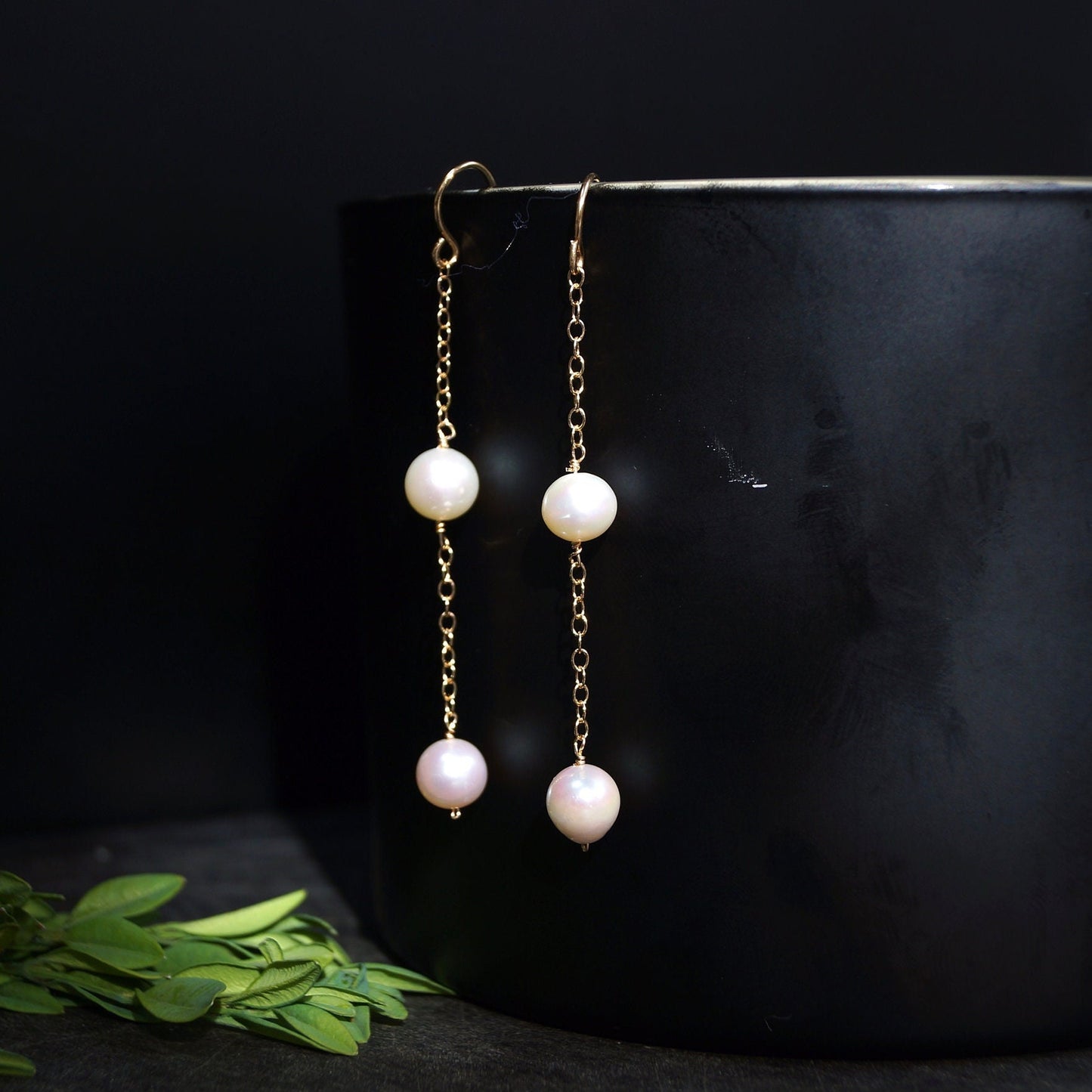 14K Solid Gold: Natural Pearl Dangle Earrings