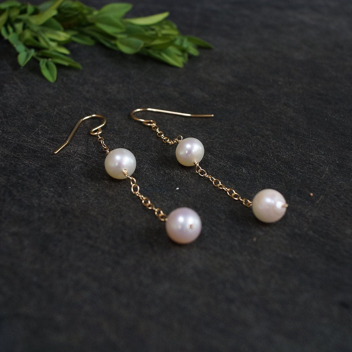 14K Solid Gold: Natural Pearl Dangle Earrings