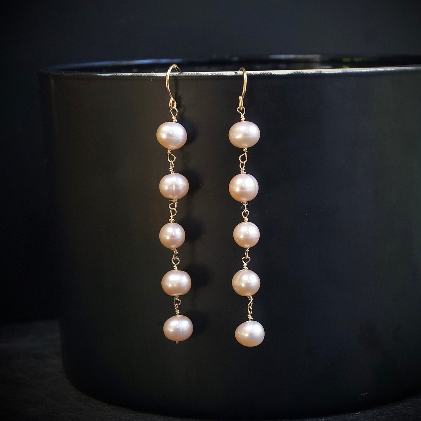 14K Solid Gold: Natural Pearl Dangle Earrings| Light Pink | Bridal Jewelry| Wedding Earrings