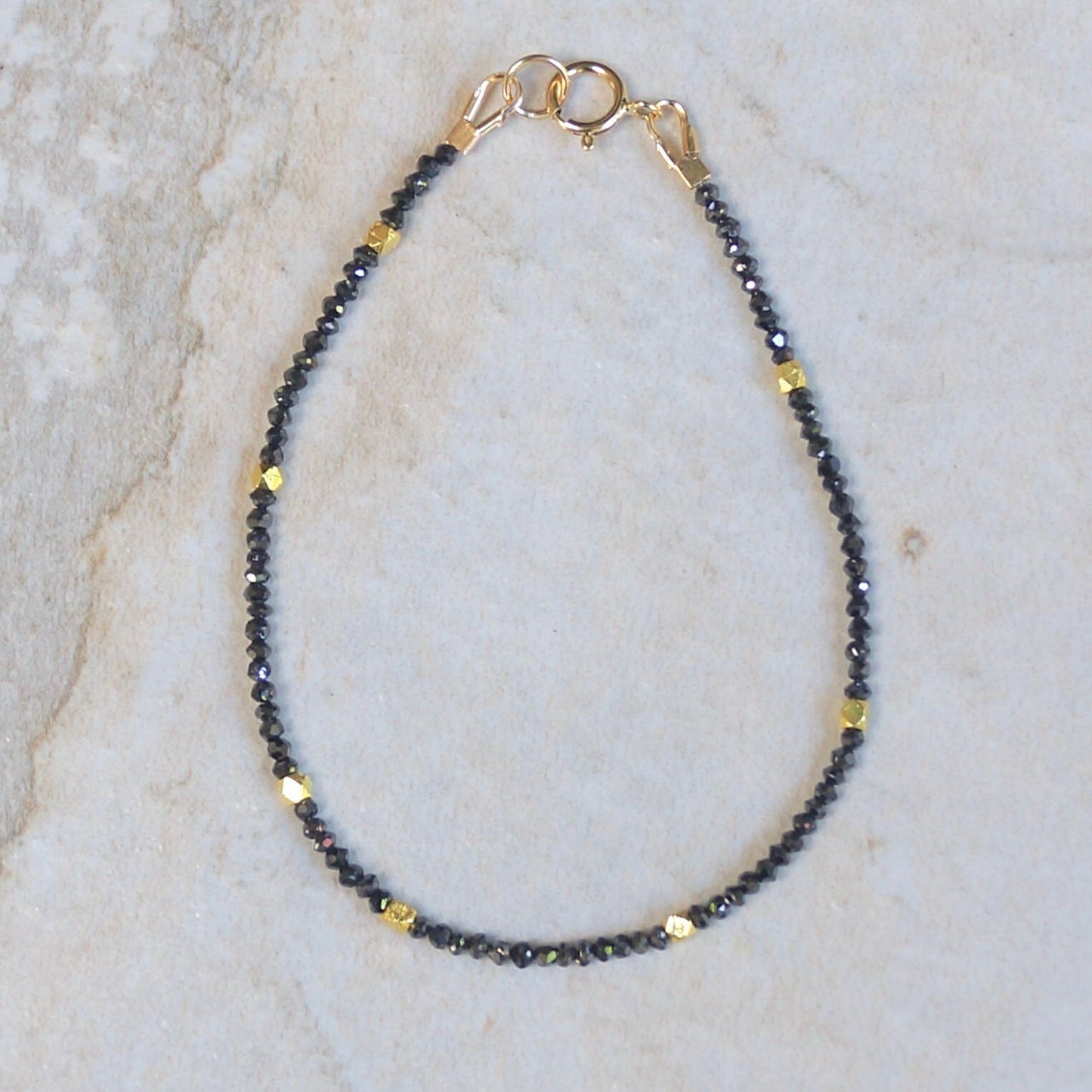 14K Solid Gold: Black Diamond Beaded Bracelet, Faceted Genuine Diamond, Layered, Delicate, Real Natural Diamond, Skinny Bracelet