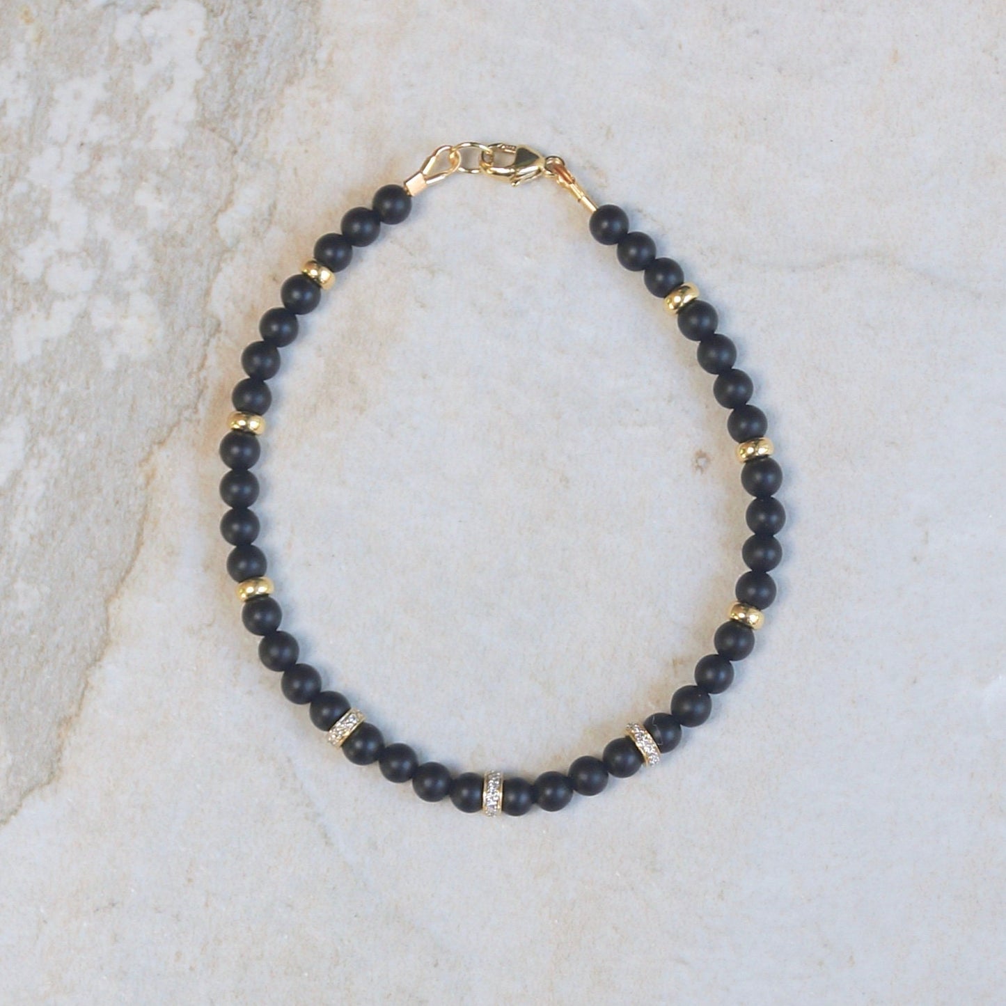 14K Solid Gold: Onyx & Diamond Bead Bracelet | 4mm |  Diamond | Black Gemstone | Father's Day | Fine Jewelry | For Him | Matte Black