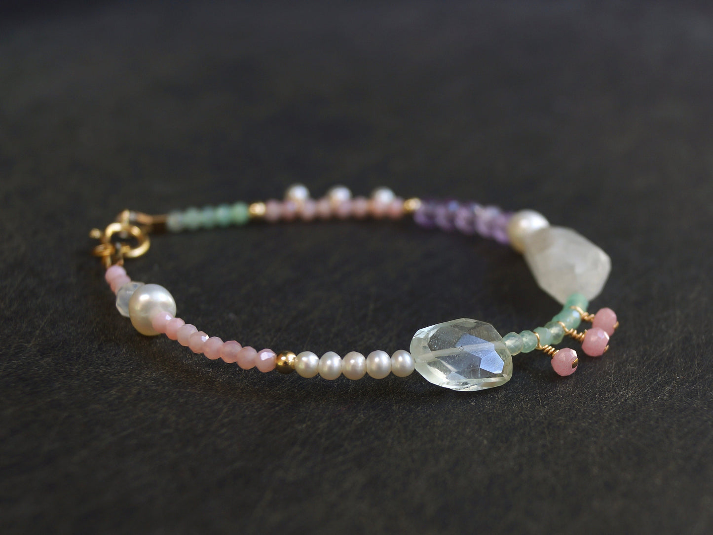 14K Solid Gold: Pink Opal Bracelet| Pastel Rainbow Bracelet | Fine Jewelry