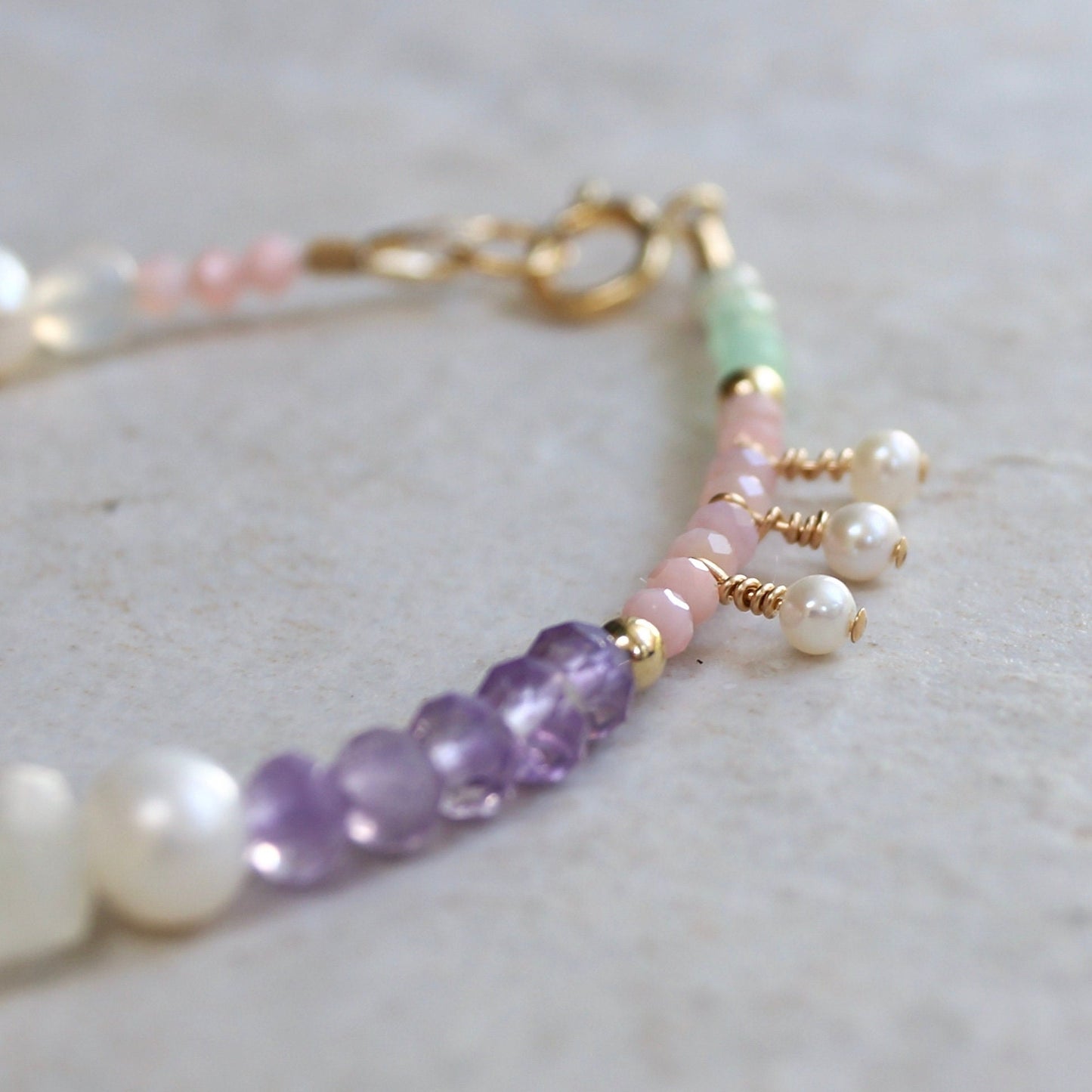 14K Solid Gold: Pink Opal Bracelet| Pastel Rainbow Bracelet | Fine Jewelry