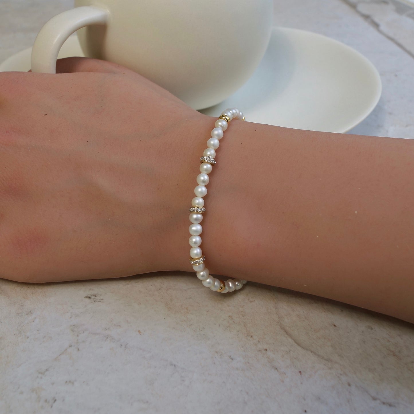 14K Solid Gold: Diamond & Pearl Bead Bracelet | 4mm | Bridal Jewelry |Ivory Pearl| Natural Diamond| Fine Jewelry| Natural Pearl