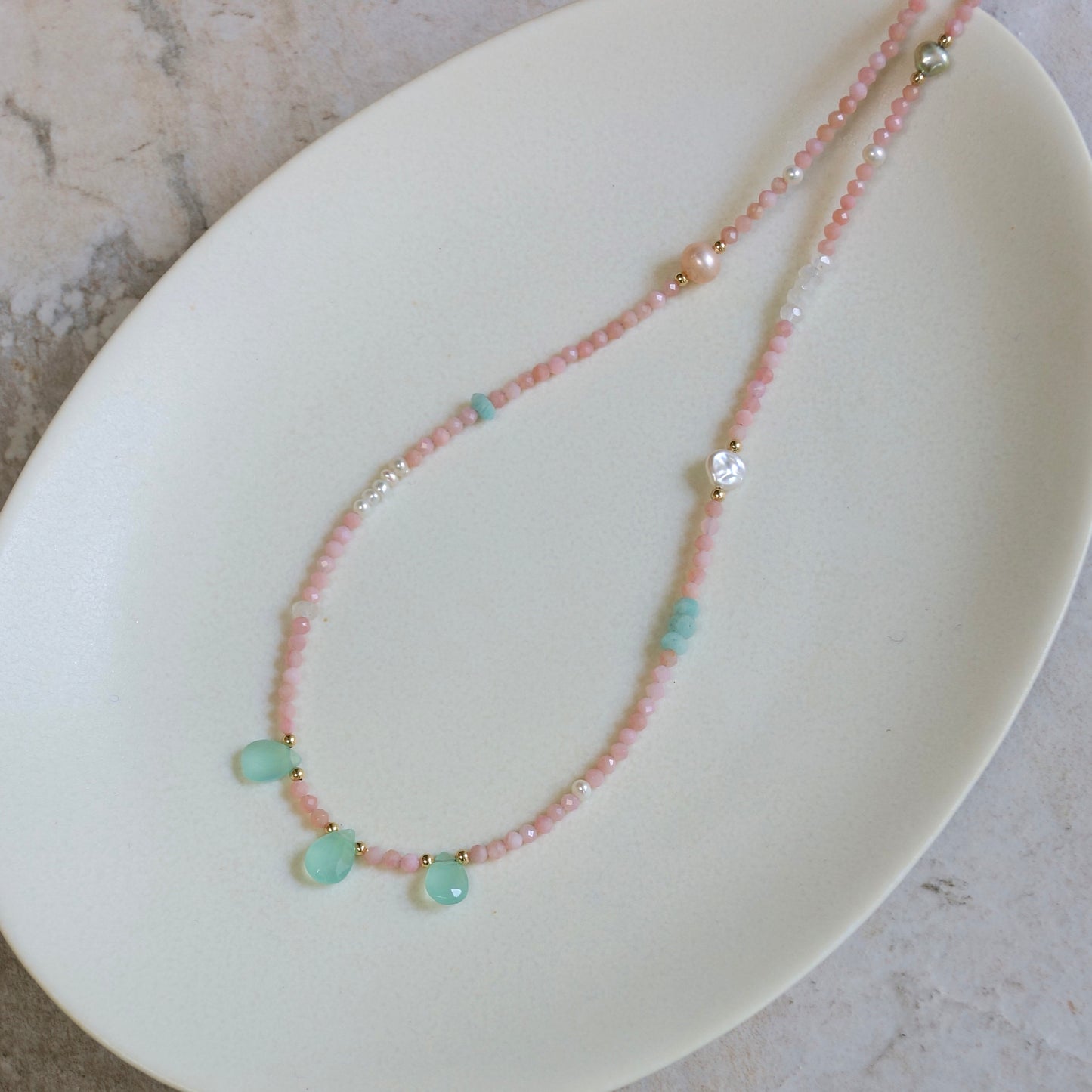 14K Solid Gold: Pink Opal Necklace | 2.5mm | Fine Jewelry