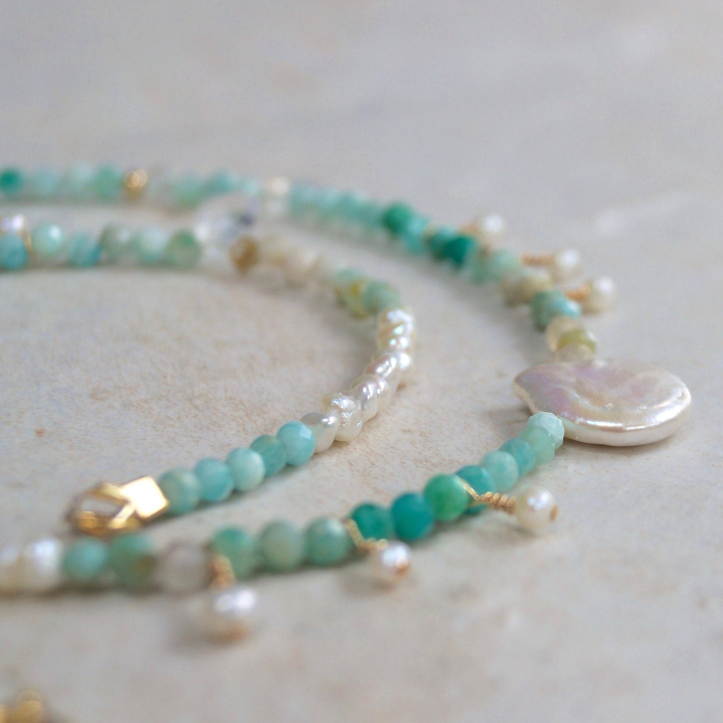 14k Solid Gold: Amazonite Charm Necklace| 3mm |  Fine Jewelry