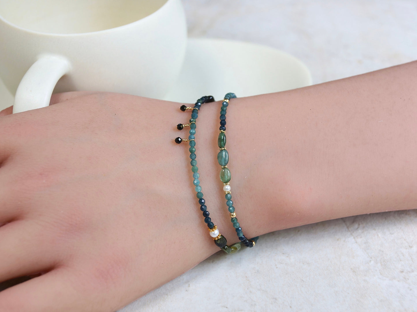 14K Solid Gold: Blue Tourmaline Bracelet | 2mm | Ombre | Teal Tourmaline| Fine Jewelry| Delicate Dainty| Spiritual| black Tourmaline