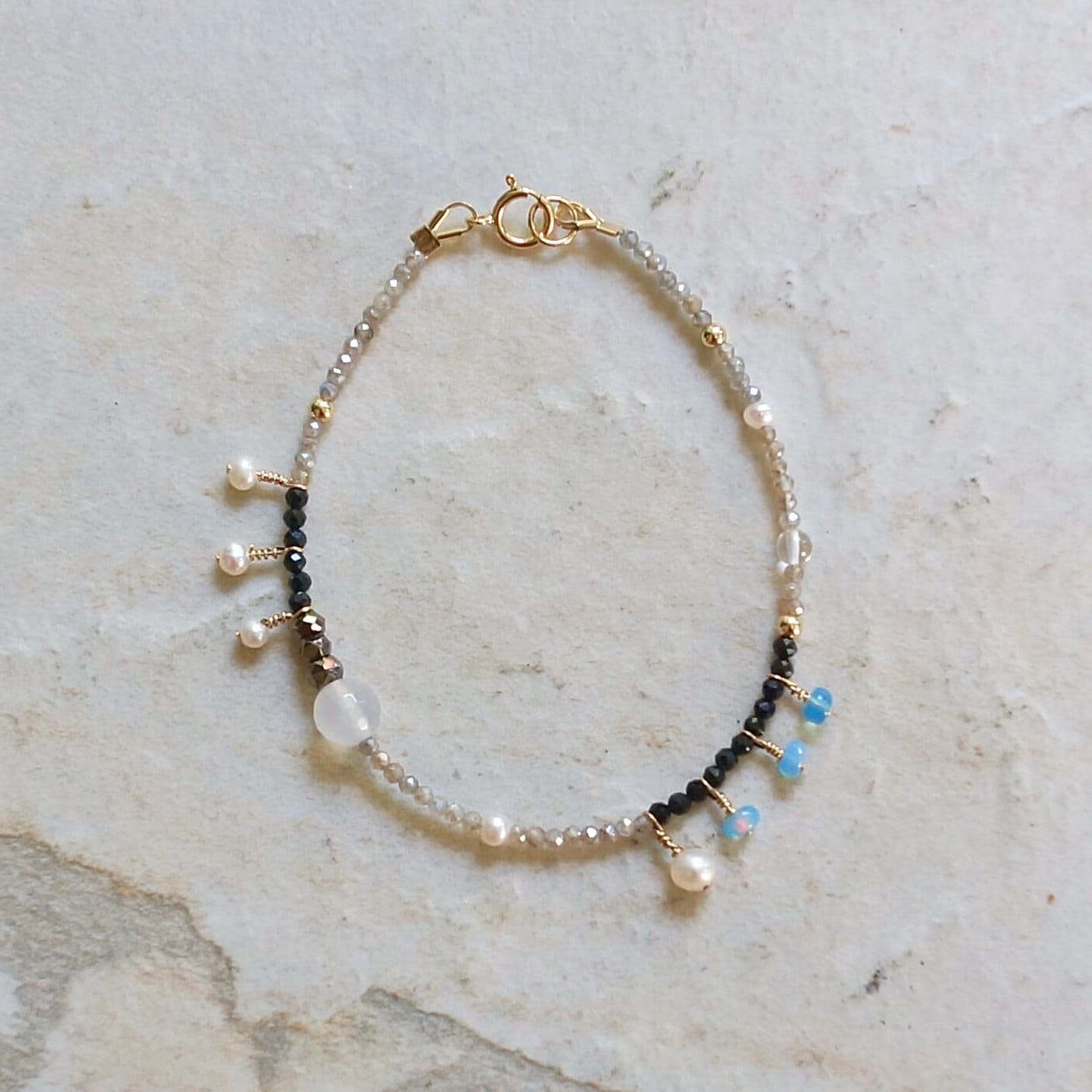 14K Solid Gold: Labradorite| 2mm | Gray Black | Fine Jewelry