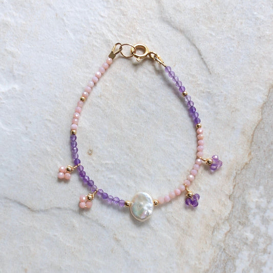 14K Solid Gold: Pink Opal Bracelet| Amethyst Bracelet| 2.5mm|  Fine Jewelry