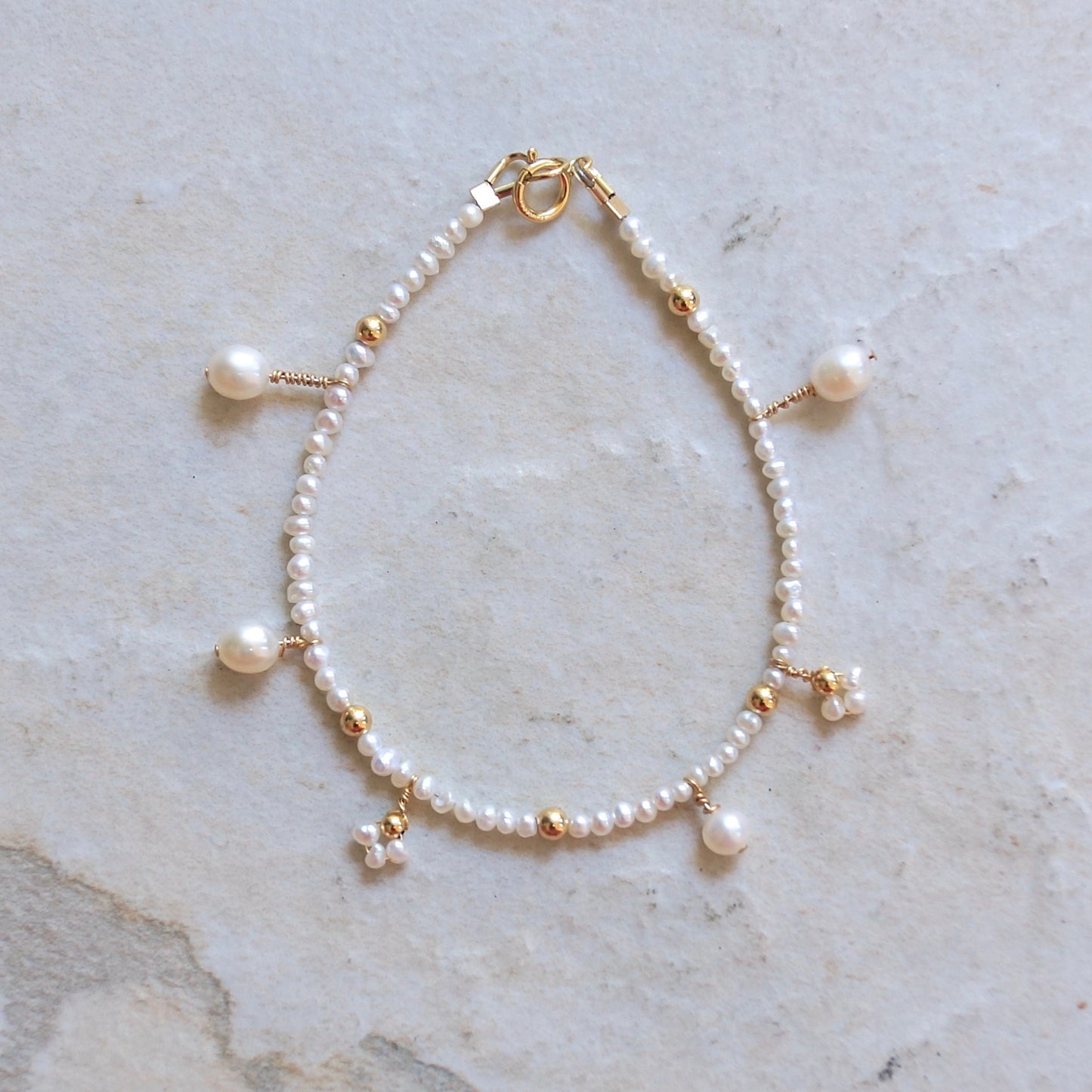 14K Solid Gold: Natural Pearl Bracelet| Cluster Pearl| 2.5mm| Bridal Jewelry| Fine Jewelry