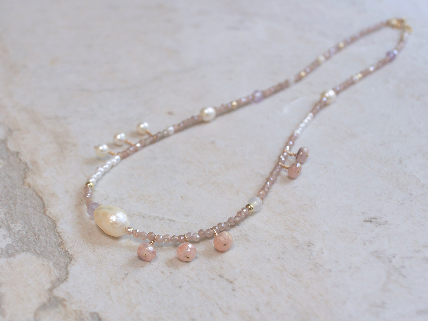 14k Solid Gold: Peach Moonstone Necklace| 2.5mm |  Fine Jewelry