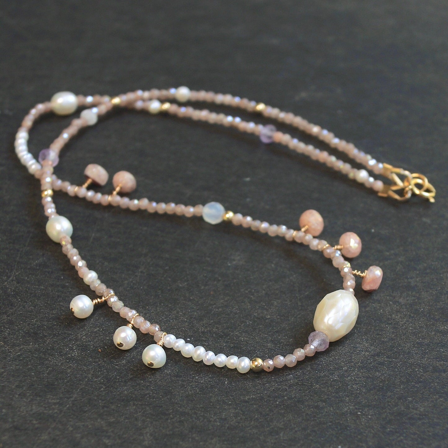 14k Solid Gold: Peach Moonstone Necklace| 2.5mm |  Fine Jewelry