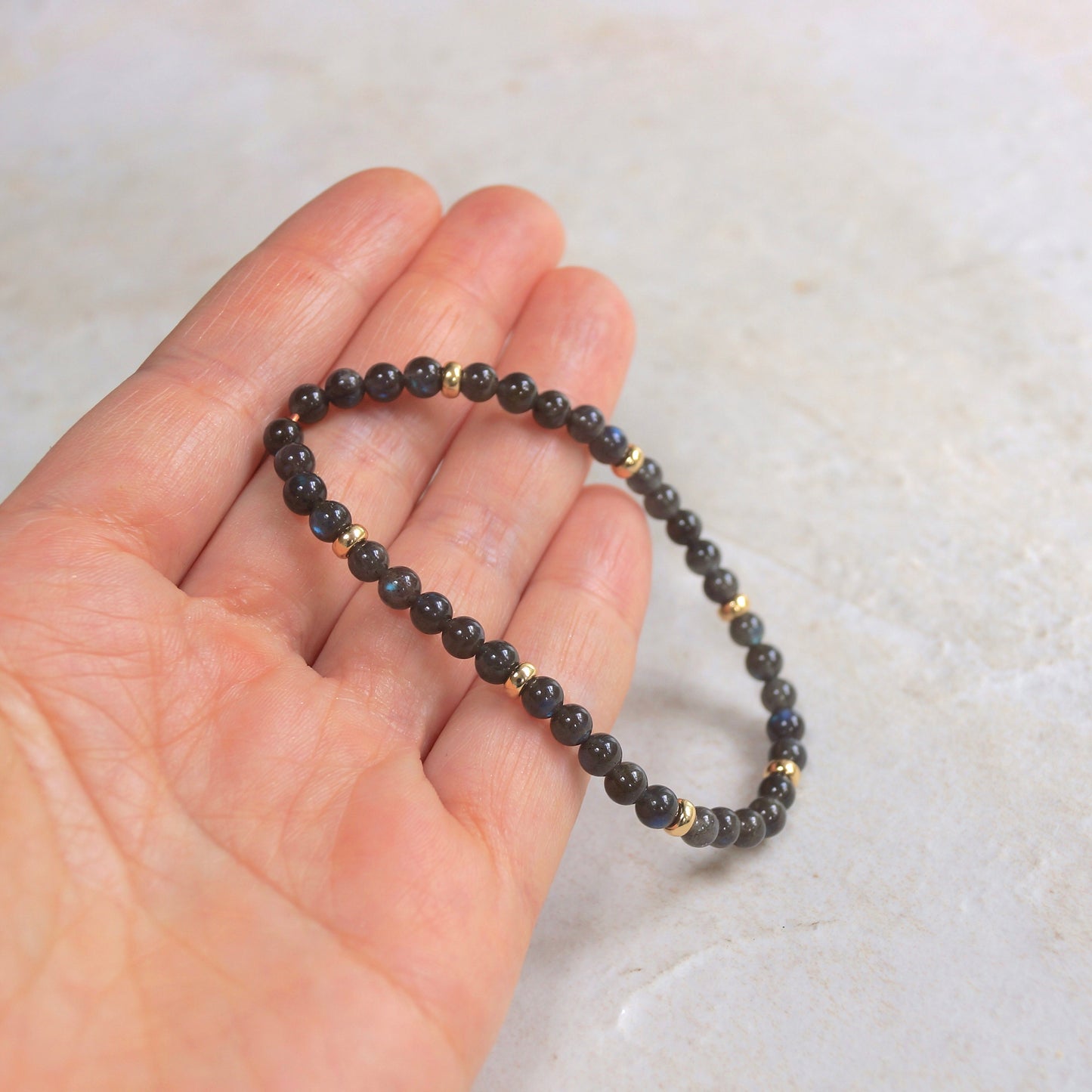 14K: Labradorite Mens Bracelet | 4mm | Charcoal Gray | Fine Jewelry