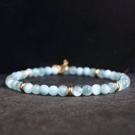 14K: Blue Moonstone Mens Bracelet | 4mm | Light Blue | Fine Jewelry