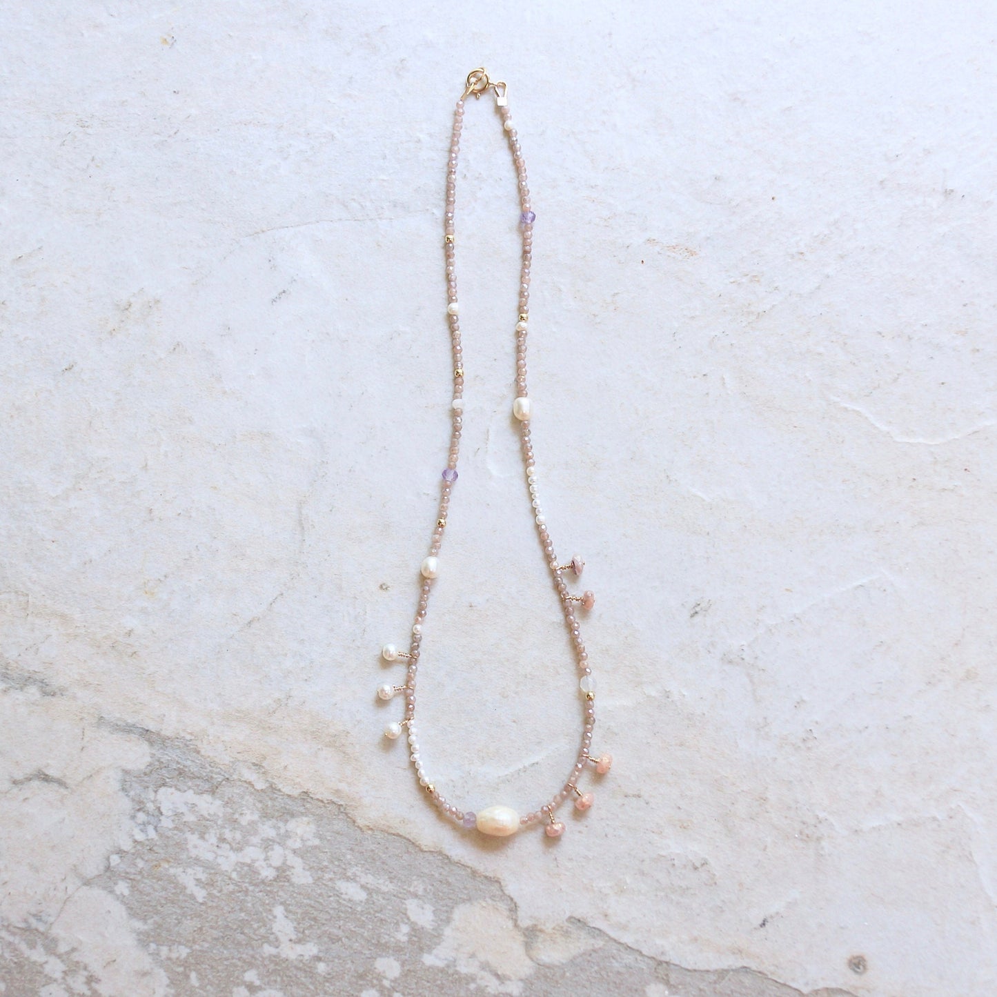 14k Solid Gold: Peach Moonstone Necklace| 2.5mm |  Fine Jewelry