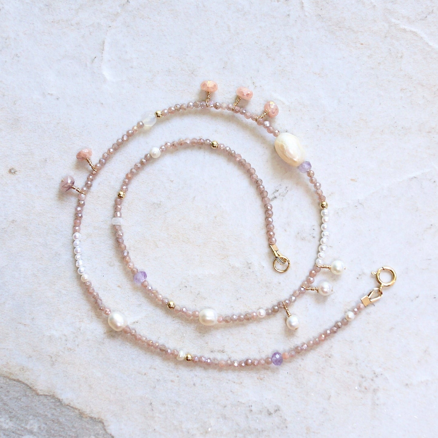 14k Solid Gold: Peach Moonstone Necklace| 2.5mm |  Fine Jewelry