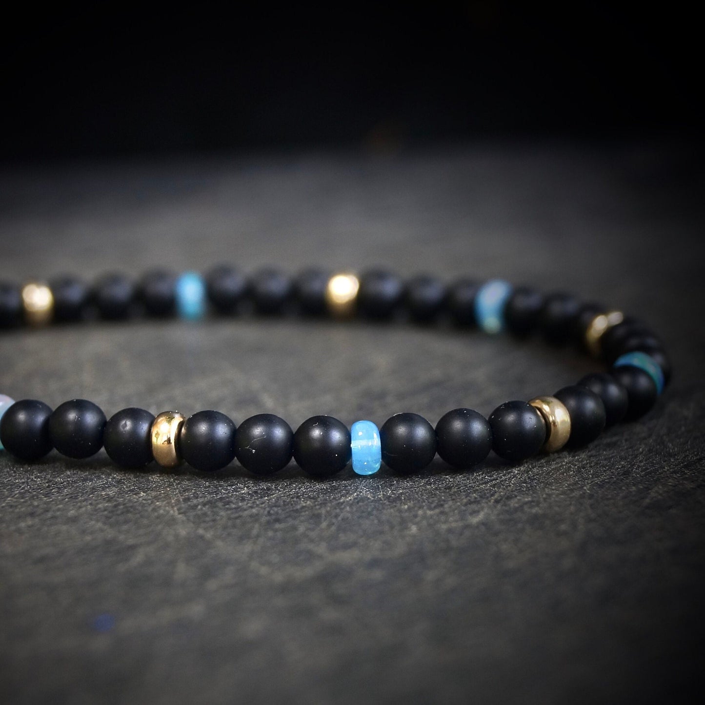 14K: Matte Black Onyx Mens Bracelet | 4mm | Blue Opal | Fine Jewelry