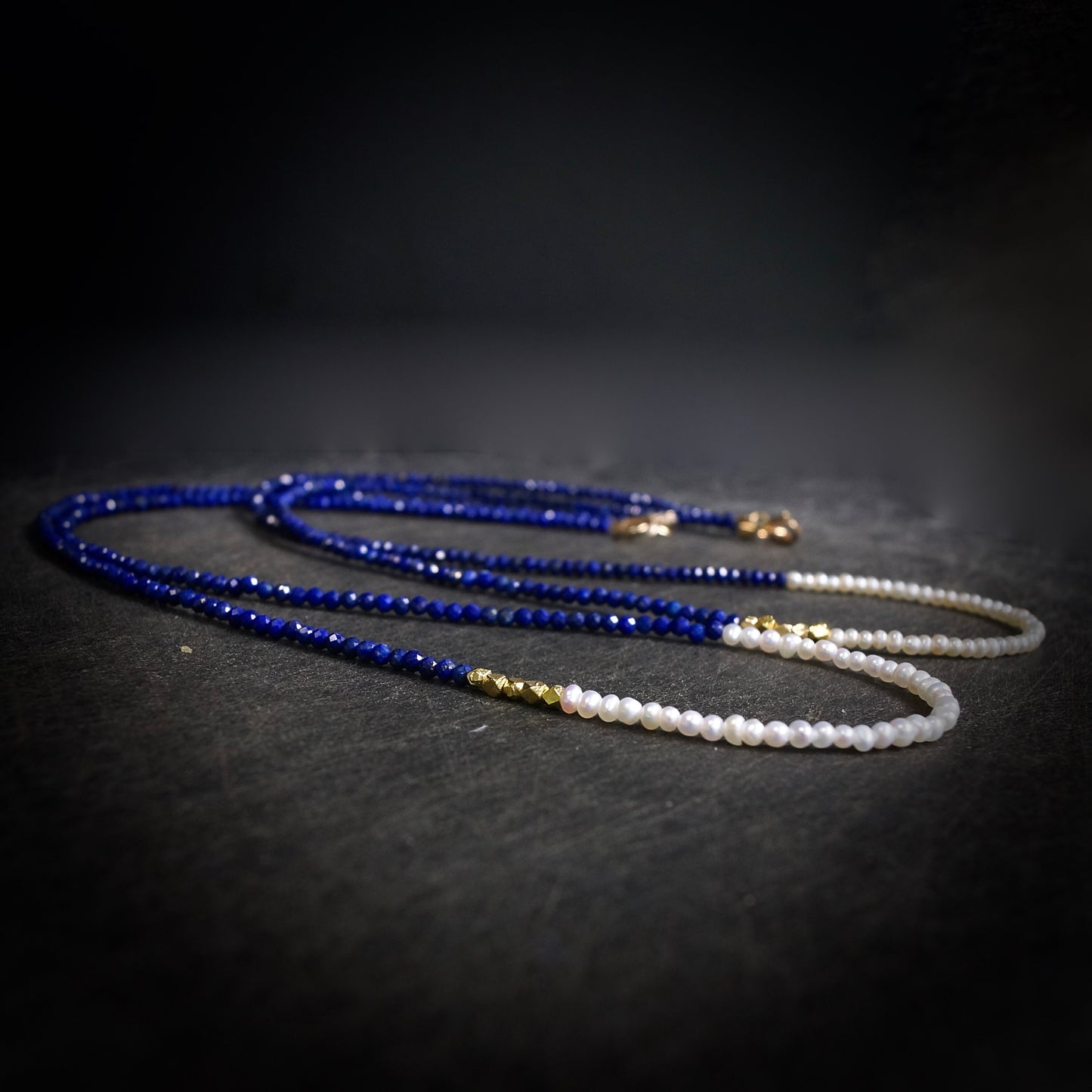 14K Solid Gold: Lapis Lazuli and Pearl Beaded Necklace, Simple Layered Necklace, Dainty Very Thin Gemstone Necklace, 2mm, Fine Jewelry