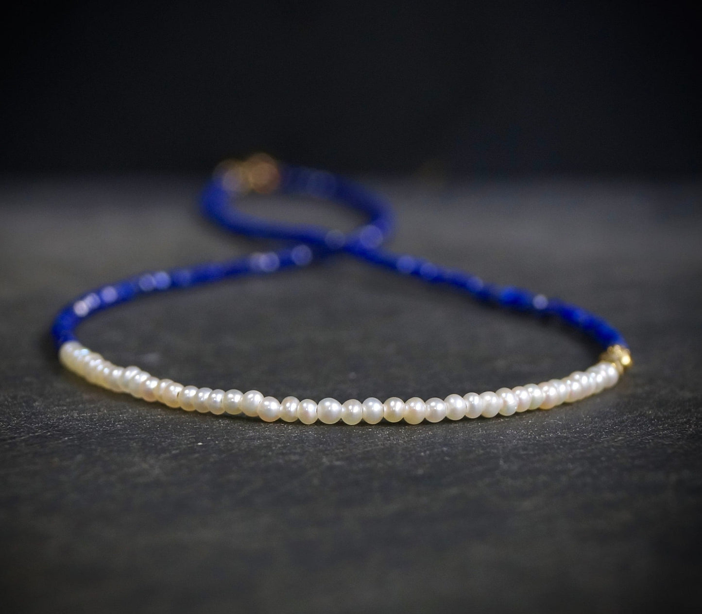 14K Solid Gold: Lapis Lazuli and Pearl Beaded Necklace, Simple Layered Necklace, Dainty Very Thin Gemstone Necklace, 2mm, Fine Jewelry