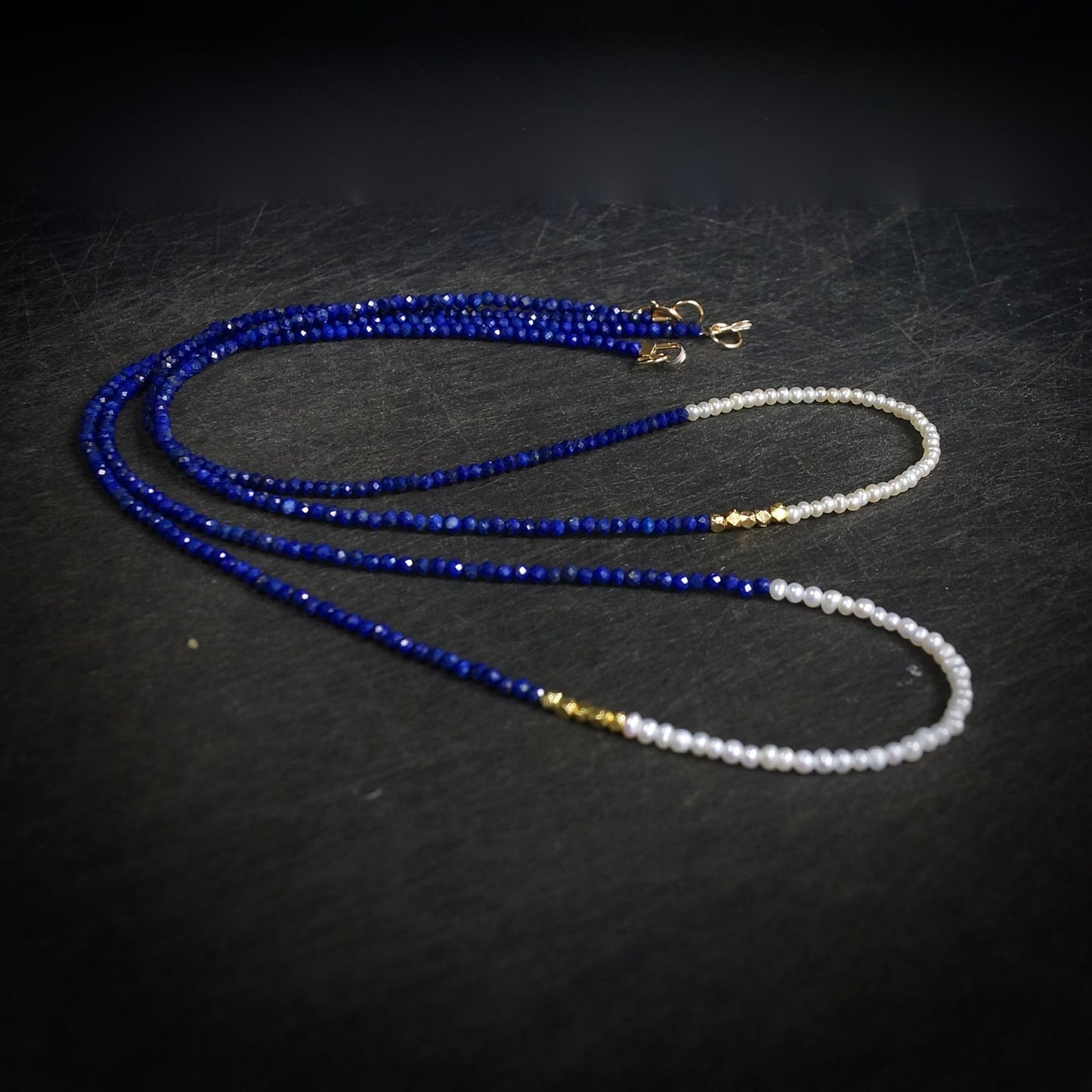 14K Solid Gold: Lapis Lazuli and Pearl Beaded Necklace, Simple Layered Necklace, Dainty Very Thin Gemstone Necklace, 2mm, Fine Jewelry