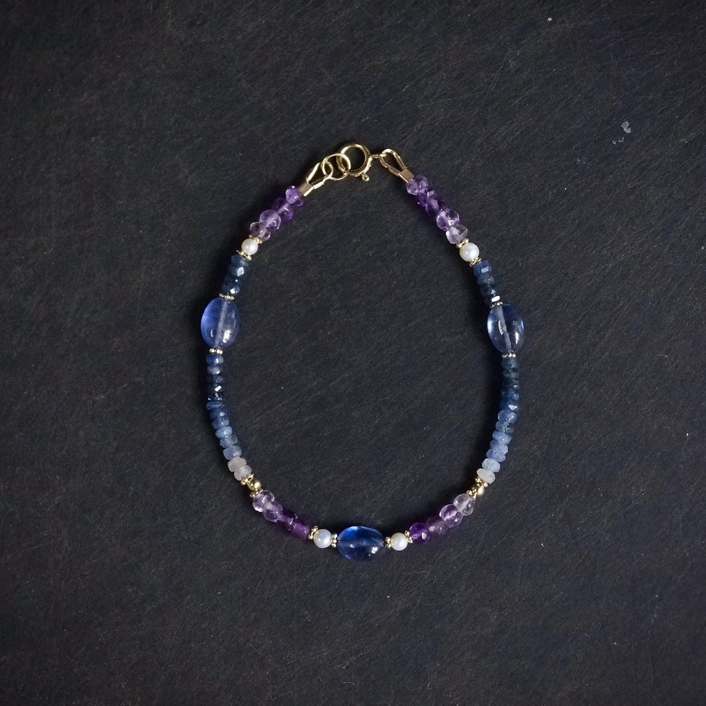 14K Solid Gold: Ombre Blue Sapphire Beaded Bracelet, Amethyst, Shaded Precious Stone, Fine Jewelry, Boho, Bohemian, Chakra Jewelry